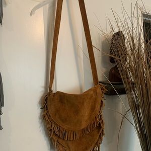 Medium tan genuine suede leather crossbody with fringes